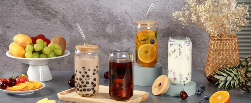 Drinking Glasses with Bamboo Lids and Glass Straw 4pcs Set - 16oz Glass Cups, Iced Coffee Glasses, Cute iced Tea Glasses, Beer Glasses, Ideal for Coffee Bar Accessories, Aesthetic Gift - 2 Brushes