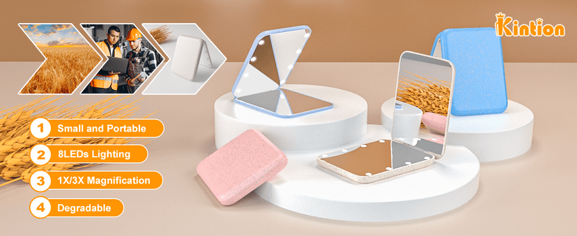 Kintion Wheat Straw Compact Mirror, 1X/3X Magnification, Lighted, Folding, Portable, Eco-Friendly, Great Gift