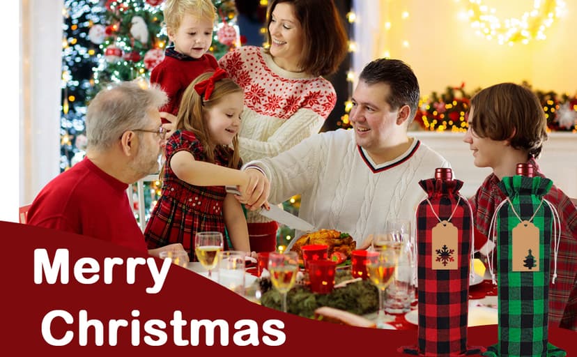 DULEFUN 12pcs Christmas Wine Burlap Bags, Xmas Wine's Bags Classic Buffalo Plaid Wine Bottle Bags Reusable Burlap Xmas wine Bottle Covers Clothes for Christmas New Year Wedding Holiday Parties