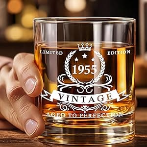 LIGHTEN LIFE 70th Birthday Gifts for Men 12 oz,1955 Whiskey Glass in Valued Wooden Box,70th Birthday Bourbon Glass for 70 Years Old Dad,Husband,Friend,70th Bday Gift Ideas