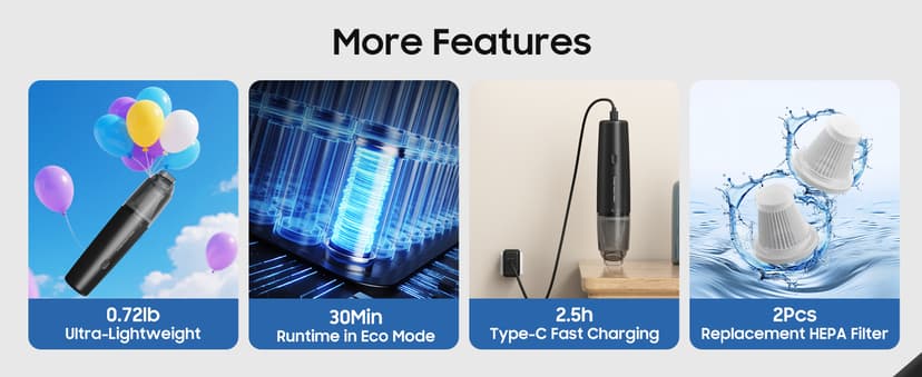 Handheld Vacuum Cordless, Car Vacuum Cleaner Portable with HEPA Filter, 2 Suction Modes, Mini Hand Held Vacuum Rechargeable for Car, Home, Pet Hair, Office, Desk, Keyboards (Black)