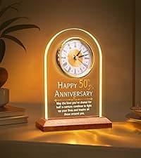 50th Anniversary Wedding Gift, Anniversary Quartz Clock, Desk Table Clock, 50 Years of Marriage, Golden Wedding for Couple, Parents, Grandparents (Wooden Base with LED Light)