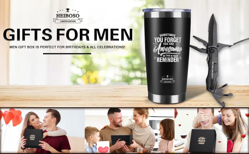 Gifts for Men - 6-in-1 Gift Set with Stainless Steel Tumbler,Multi-Tool Knife,LED Gloves & Tool Pen Keepsake Box | Last Minute Birthday, Father's Day Anniversary Box Gifts for Dad,Husband