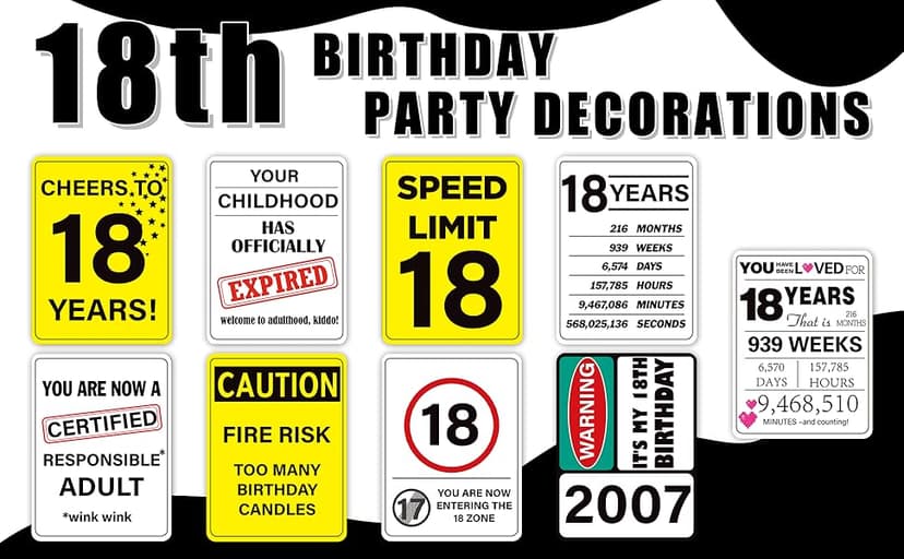 18th Birthday Party Decorations, 9PCS Funny Wall Signs and Tags for Teen 18th Birthday Celebration Table Centerpieces and Caution Signs for Doors Windows Yard and Garden