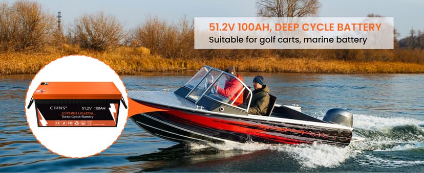 CHINS 48V Lithium Golf Cart Battery, 48 Volt 100Ah LiFePO4 Battery, Built-in Bluetooth 200A BMS, Includes 48V 18A Charger, Monitor, Perfect for Golf Carts