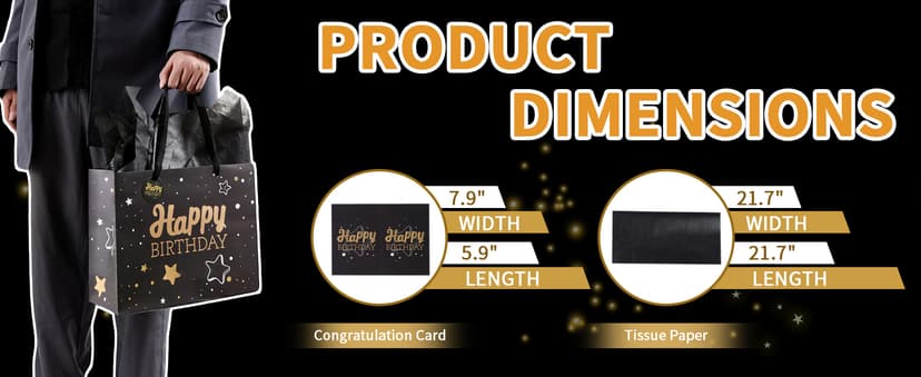 Black Birthday Gift Bag with Tissue Paper and Greeting Card, 13'x10.2'x4.9', Medium (1-Piece Set, Black Starry Sky, Unisex, Includes Card, Ribbon, Crinkle Paper)