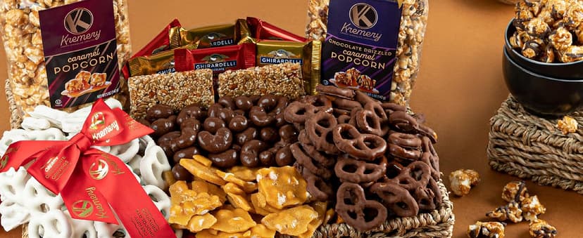 KREMERY Creamy Chocolate Cravings - Holiday Christmas Chocolate Covered Pretzels & Caramel Popcorn Gift Basket, in Seagrass Tray + Ribbon (Deluxe, 3.5 lbs) Xmas Treats Food Arrangement, Kosher