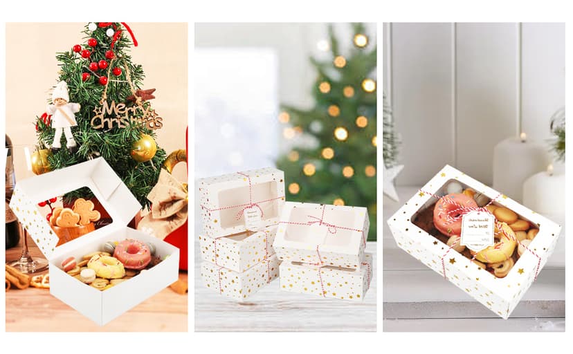 24 Sets Christmas Cookie Boxes with Window Treat and Pastry 9x6x3 Inches Gold Bakery Boxes Container for Gift Giving Christmas Chocolate Covered Strawberries,Donut,Mini Cake Packaging Boxes