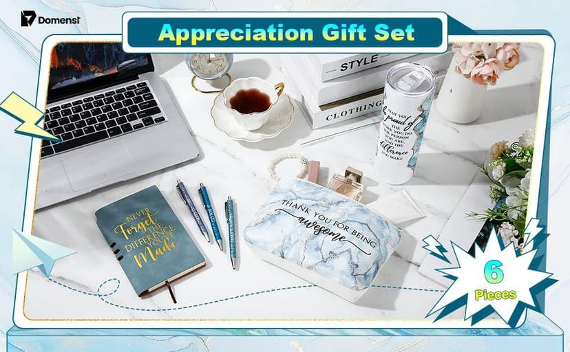 Domensi 6 Pcs Employee Appreciation Gift Set for Women Female Christmas Thank You Gift May You Be Proud 20 oz Rustic Marble Sign Tumbler Makeup Bag Journal for Teacher Nurse Lady Work Business(Blue)