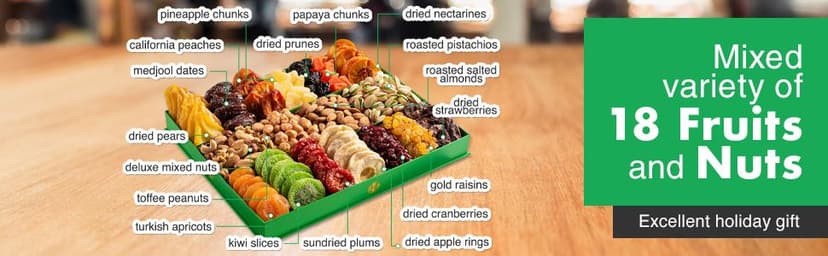 Holiday Christmas Dried Fruit & Nuts Gift Basket - Extra Large Selection of 18 Food Tray - Assorted Food Gift Box for Christmas, Holiday, Family, Sympathy, Men & Women.