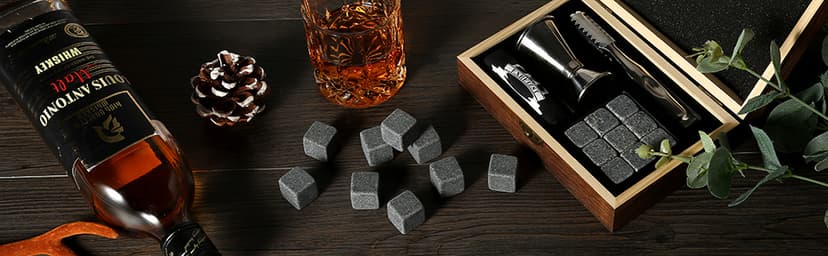 Whiskey Stones Gift Set - Whiskey Glass Set of 2 - Granite Chilling Whiskey Rocks - Scotch Bourbon Box Set -Father's Day Birthday Gifts for Men Drinking Gift for Dad Him Husband Party Holiday Present