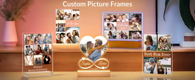 Custom Picture Frames with Photo, Personalized Photo Frame with Night Light, Customized Picture Frame, Personalized Anniversary Birthday Gifts for Women Men Her Him Girlfriend Boyfriend Couple