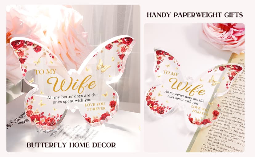 Romantic Wife Anniversary Birthday Gift Ideas, 5x3.8x0.5 Inch Butterfly Acrylic Plaque Decor, Mothers Day Valentines Christmas Wedding Present for Wife