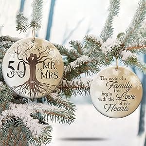 50th Wedding Anniversary Ornament - Ceramic Christmas Ornament Gift for Couple, Parents, Friend - 50th Anniversary Present Holiday Decoration