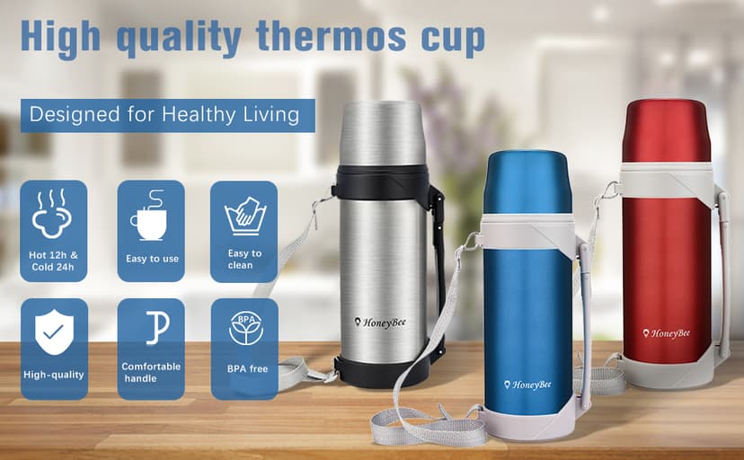 HoneyBee 41 Ounce,Vacuum Insulated Bottle,Coffee Thermos,Thermos for Hot Drinks. Twist and Pour TopThermos & Cleaning Brush. Commute, Travel, and Picnic Friendly Portable.Bpa-Free .(Silver)