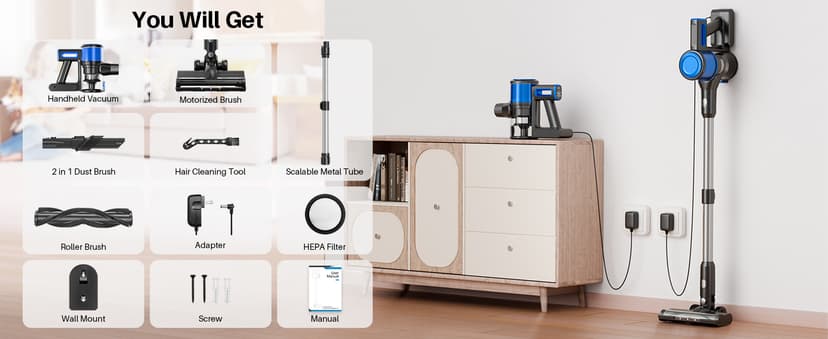 Cordless Vacuum Cleaner for Home, 8-in-1 Lightweight Stick Vacuum with 45Mins Runtime, Powerful Suction, Anti-Tangle, Rechargeable Cordless Vacuum for Hardwood Floor Carpet Pet Hair, N502