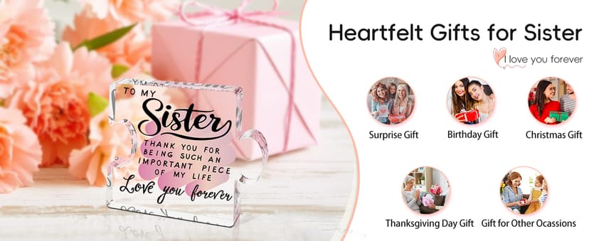 Sister Birthday Gifts, Big Sisters Gift Ideas from Sister, Unique Acrylic Puzzle Plaque Sister Gift Baskets Stuffers for Women Easter Birthdays Wedding