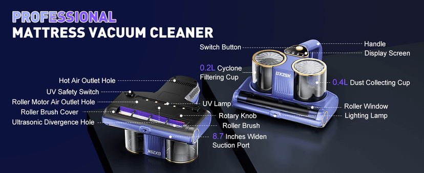 Mattress Vacuum Cleaner, 16kPa Bed Vacuum Cleaner with 253.7nm UV-C Light, Ultrasonic & 140℉ Heating, Dual Cup & Widen Suction Port Handheld Vacuums for Bed, Sofa, Couch, Crib (500W, Corded)