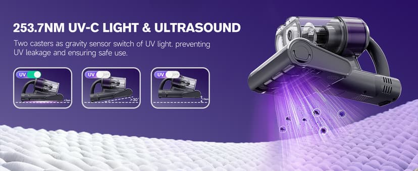 Mattress Vacuum Cleaner, 18Kpa Handheld Bed Vacuum Cleaner with 253.7nm UV-C Light, HEPA Filter & Ultrasoni, 150℉ Heat, Smart Dual Cup, and One-Click ash Removal for Bed, Sofa(Gray)
