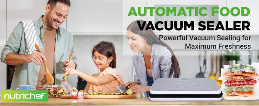 NutriChef Food Vacuum Sealer Machine - Automatic Air Sealing System for Dry & Moist Foods, LED Touch Controls, Includes Vacuum Bags, Hose & Wine Stopper, High Suction Power, 14"x6"x3", Silver