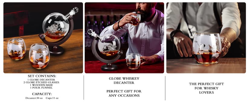 Whiskey Decanter Sets for Men, Whiskey Decanter Globe Set with 2 Etched Globe Whisky Glasses for Liquor, Bourbon, Cocktails, Vodka, Scotch liquor decanter Sets - 850ml