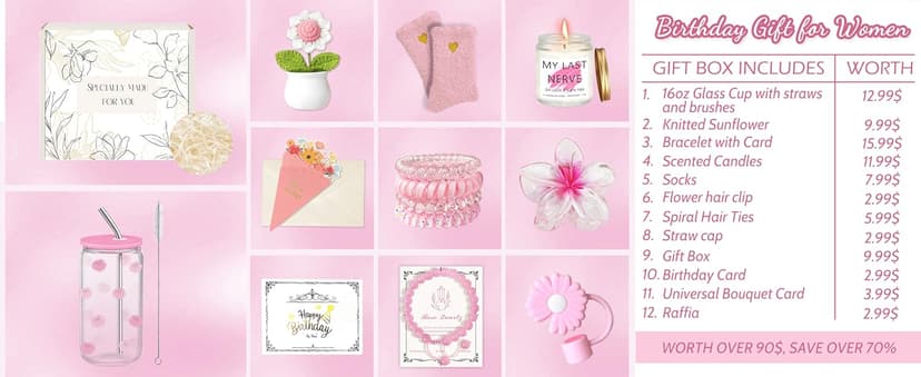 Birthday Gifts for Women, Teen Girls, Her, Unique Happy Birthday Gift Baskets for Best Friend Sister Daughter, Women Christmas Gifts Box for Girl Wife Girlfriends,14pcs Rose Gift Set(Pink)