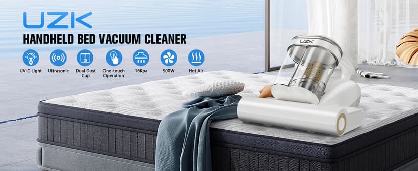 Bed Vacuum Cleaner Mattress Vacuum Cleaner,16Kpa Powerful Handheld Vacuums with UV-C Light & Double Dust Cup & High Heating & Ultrasonic & Anion for Bed Sofa