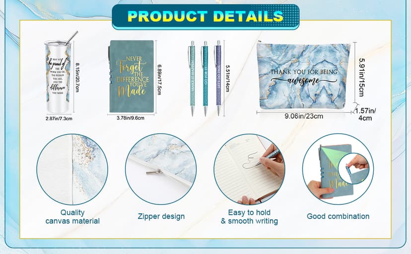 Domensi 6 Pcs Employee Appreciation Gift Set for Women Female Christmas Thank You Gift May You Be Proud 20 oz Rustic Marble Sign Tumbler Makeup Bag Journal for Teacher Nurse Lady Work Business(Blue)