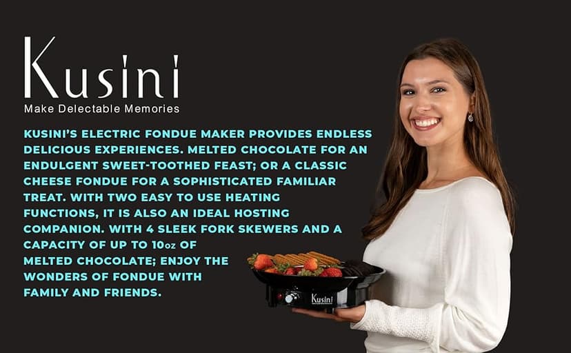 Kusini Electric Fondue Pot Set - Chocolate Fondue Kit - Temperature Control, Detachable Serving Trays, & 4 Roasting Forks - Gift Set & Date Night Idea. Serve at Movie Night or Game Night.