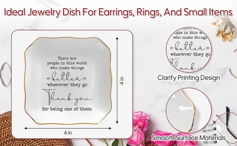 OASSIE Thank You Gifts for Women - 4"x4" Ceramic Jewelry Dish Tray - Birthday Appreciation Inspirational Gifts for Women Coworker Teacher Friends Employee