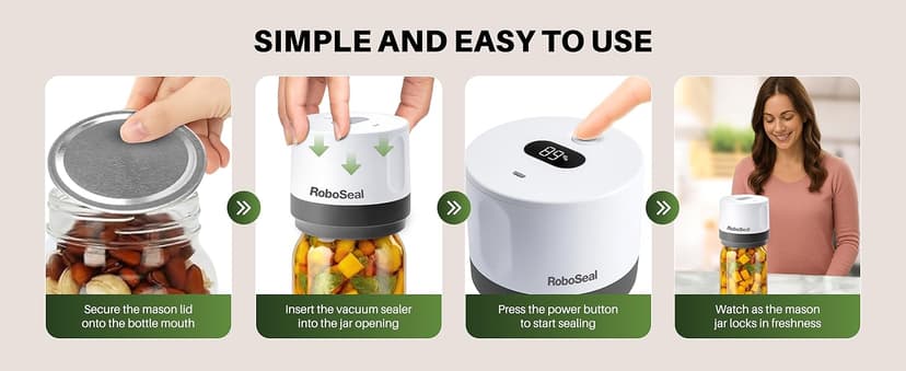 RoboSeal Rechargeable Mason Jar Vacuum Sealer for Mason Jars Wide & Regular Mouth, One Touch Operation, 10 Jar Lids and Jar Opener Included, Digital Battery Indicator, Preserves Foods 5x Longer