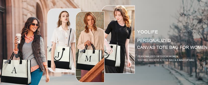 YOOLIFE Gifts for Women - Initial Tote Bag & Makeup Bag, Birthday Gifts for Women Mom Wife Teacher Friend