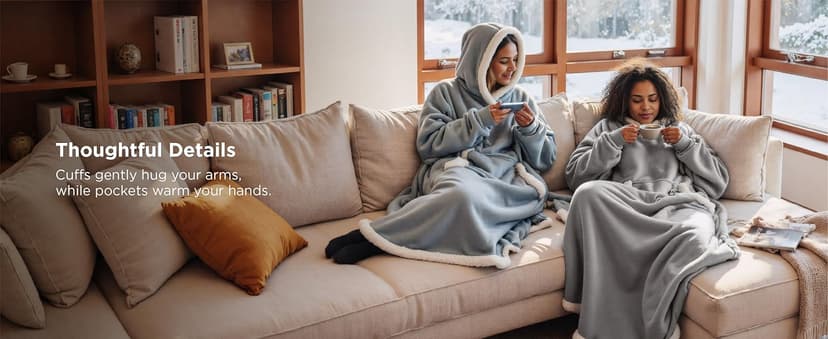 Bedsure Wearable Blanket Hoodie, Long Hooded Blanket Sweatshirt as Birthday Gifts for Women, Cozy Sherpa Hoodie for Adult, Standard, Grey