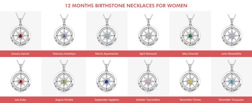 Silver Compass Necklace for Women Birthday Gifts for Wife Anniversary Necklace for Women Rose Flower Birthstone Necklaces for Wife Jewelry for Womens Girlfriend Mom Daughter