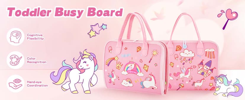 Montessori Busy Board for Toddlers 1-4 Years Old – Sensory Educational Toy for Fine Motor Skills, Travel-Friendly Activity Book, for Boys & Girls, Pink