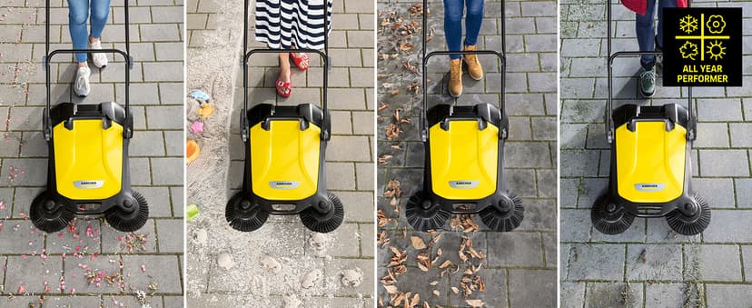 Kärcher Walk Behind Outdoor Push Sweeper S 4 Twin for Workshops, Warehouses or Garages - 5X Faster Than a Push Broom, 5.25 Gallon Capacity, 26.8" Sweeping Width