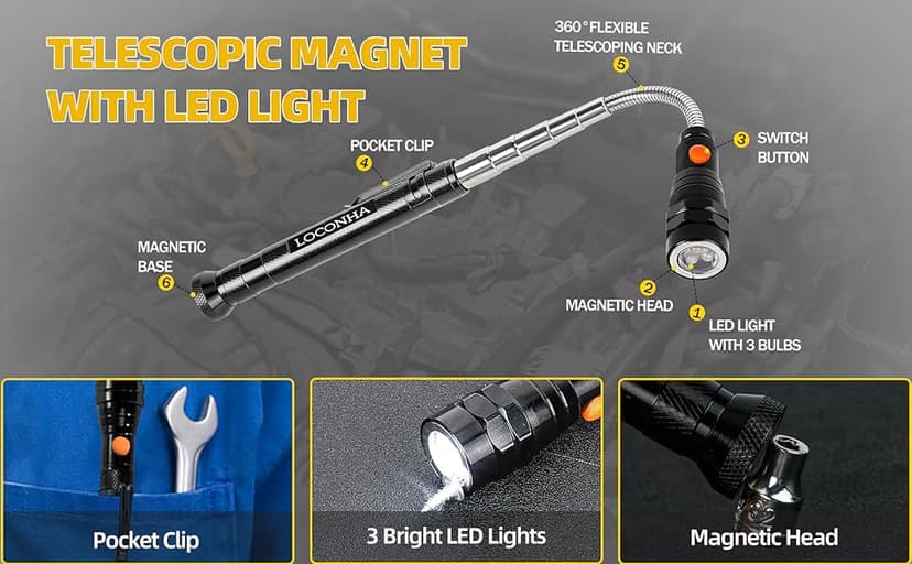 Magnetic Pickup Tool with LED Lights, Telescoping Magnet Flashlight, Cool Gadget Birthday Gifts Christmas Day Gifts for Men, Handyman, Husband, Boyfriend, Him, Father, Dad (1 Pack)