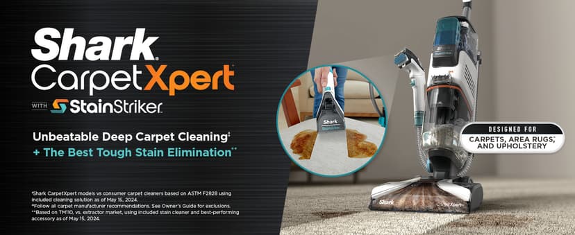 Shark CarpetXpert with StainStriker Upright Carpet, Area Rug & Upholstery Cleaner with Pet Mess Extractor Tool, Perfect for Pets, Carpet Shampooer, 3 Cleaning Tools, Cleaning Solutions, White, EX201