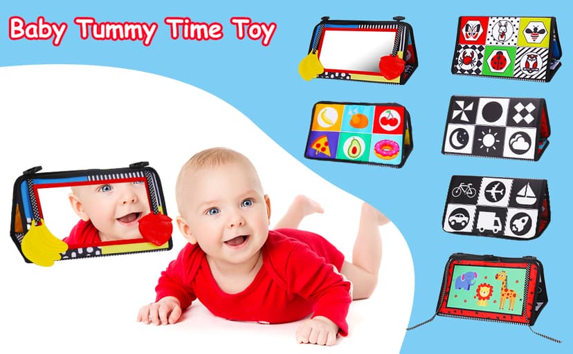 Tummy Time Baby Mirror Infant Toys Newborn 0 3 Months Brain Development with Crinkle Cloth Book Teether Black and White High Contrast Baby Toys 2 4 5 0-6 Month Boys Girls Sensory Activity Shower Gifts