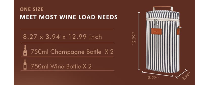 Tirrinia 2 Bottle Insulated Wine Tote Carrier - Leakproof, Padded Cooler Bag for Travel, BYOB, Tasting, Parties - Great Gift for Wine Lovers, Striped