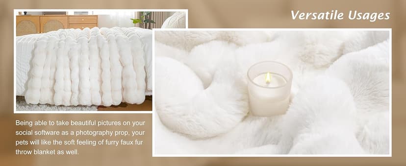 Touchat Luxury 1000GSM Faux Rabbit Fur Throw Blanket, Super Heavy Warm Cozy Blankets for Couch Bed Sofa, Bubble Plush Fuzzy Elegant Soft Reversible Mink Blanket for Living Room Bedroom, Cream White