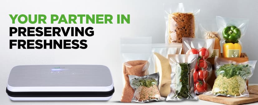 NutriChef Food Vacuum Sealer Machine - Automatic Air Sealing System for Dry & Moist Foods, LED Touch Controls, Includes Vacuum Bags, Hose & Wine Stopper, High Suction Power, 14"x6"x3", Silver