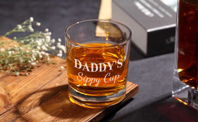 Daddy's Sippy Cup Whiskey Glass Set In Gift Box, Funny unique Gifts for New Dad, Father, Papa, Husband, Father's Day Gifts From Wife - 10 Oz Old Fashioned Glass & Ice Ball Mold & Coaster & Gift Card