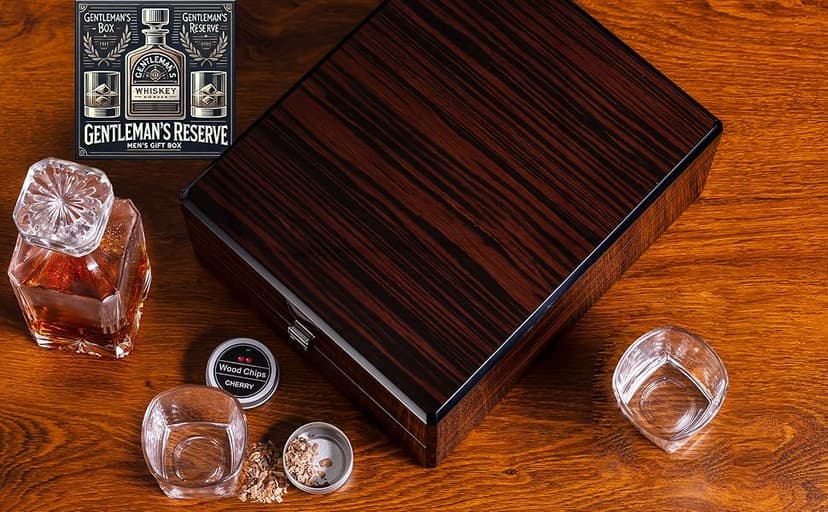 Premium Wood Gift Box w/Decanter Set - 2 Rock Glasses, Crystal Decanter, Bourbon, Whiskey, Gifts for Men, Dad, Father’s Day, Birthday, Weddings, Groomsman, Gift Ideas