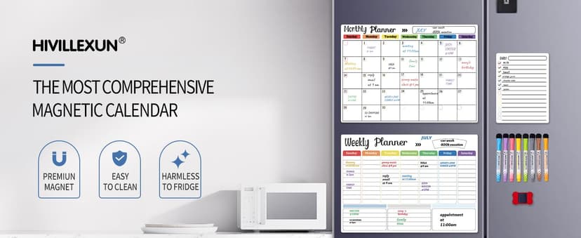 Hivillexun Magnetic Dry Erase Calendar Whiteboard Set (3-Pack) for Fridge, Wall, and Refrigerator Organization – Monthly, Weekly, and Daily Planners with 8 Markers and Eraser