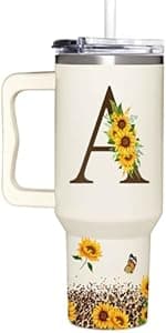 Personalized Birthday Gifts For Women - Sunflower Gifts For Women, Mom - Christmas Gifts For Womens, Mother's Day Gift For Mom, Boss - Monogrammed, Initial Tumbler Handle 40oz W Lids & Straws, K