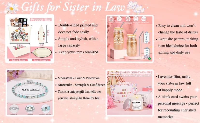 Sister In Law Gifts, Christmas Birthday Mothers Day Unique Gifts for Sister In Law Basket Set of 6