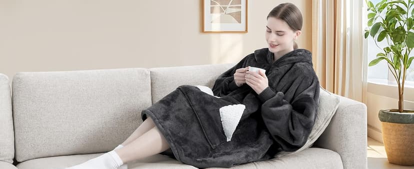 Touchat Wearable Blanket Hoodie, Oversized Sherpa Fleece Sweatshirt Blanket with Giant Hood Pocket and Sleeves for Adult, Warm & Cozy Grey Blanket Gifts for Women