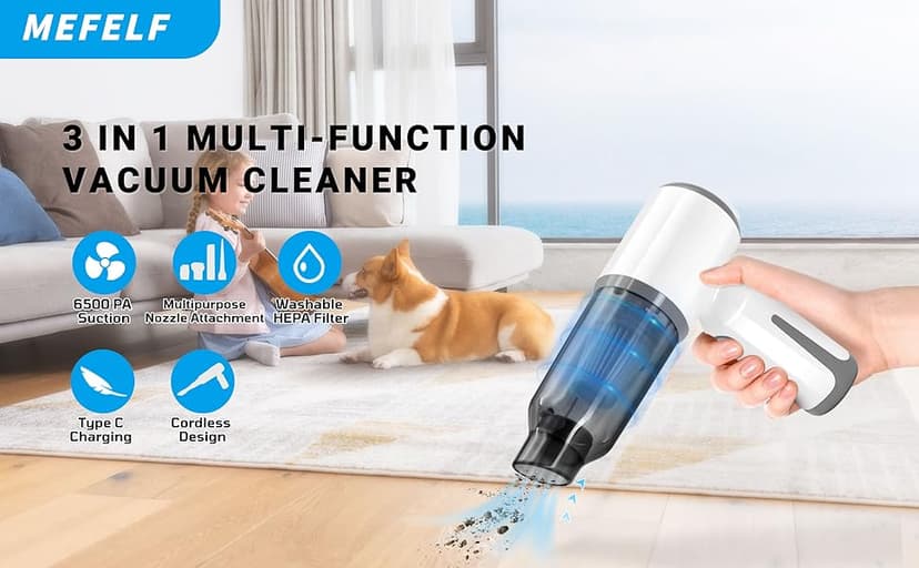 Cordless Vacuum Cleaner-Mini Air Duster, Portable Handheld Vacuum, 3 in1Dry Use Dust Buster & Air Blower for Kitchen, 6500PA Suction,Inflate/Deflate Swim Ring (White)