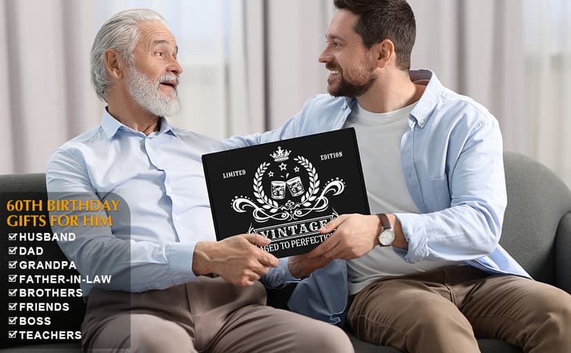 60th Birthday Gifts for Men Whiskey Glass Set, 60th Birthday Party Supplies with 11 Oz Whiskey Glass Coaster Stone Baseball Cap Apron Sock Funny Toilet Paper Keychain for Him, Dad, Husband, Friends